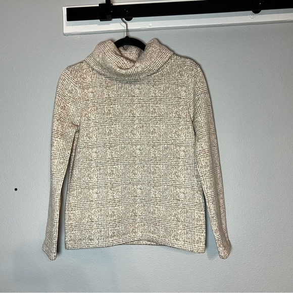 J. Crew Funnelneck Tan Cream Glen Plaid Fleece Lined Sweatshirt Size Small - Picture 1 of 8